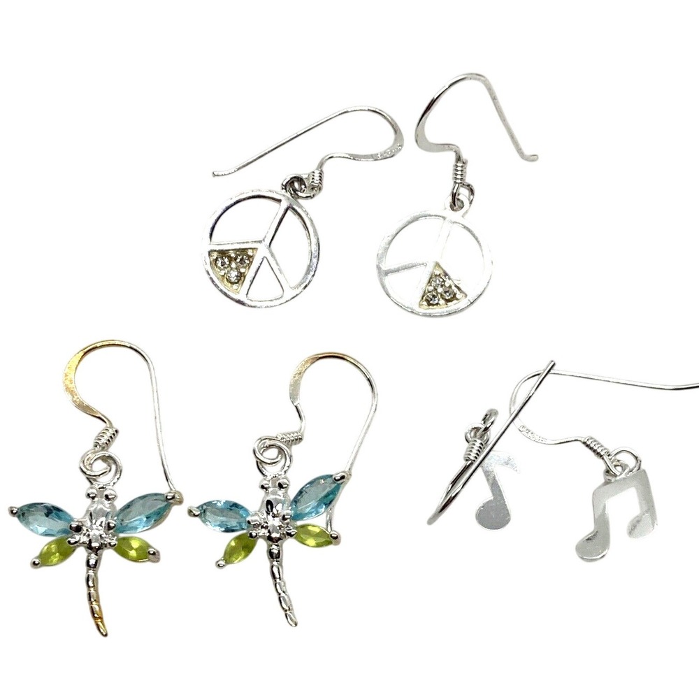 Lot of 3 Pairs Silver Tone Dangle Drop Pierced‎ Earrings Dragonfly Music Peace